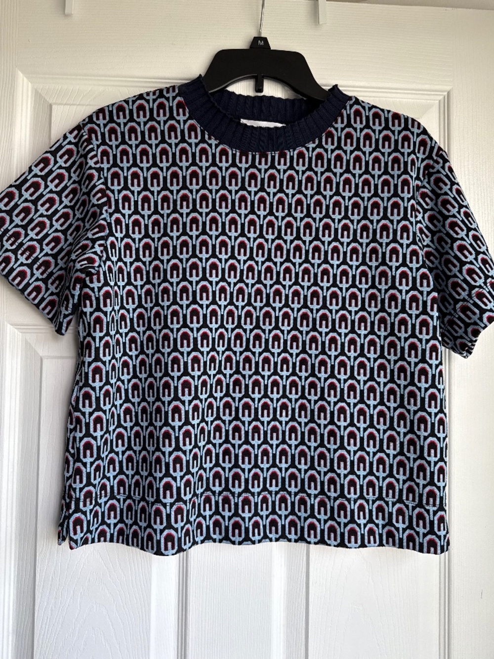 Mango Geometric Knit Short Sleeve Top Navy Blue Red Size M